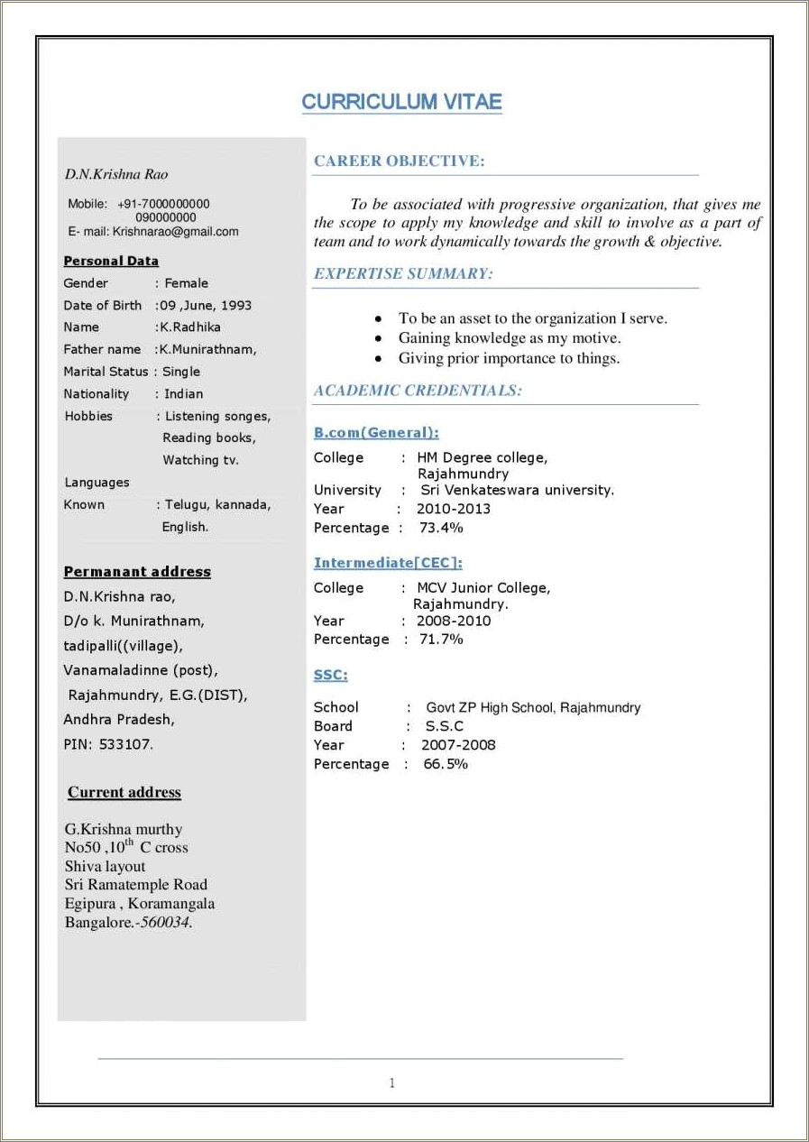 Resume Format For Mca Freshers In Ms Word