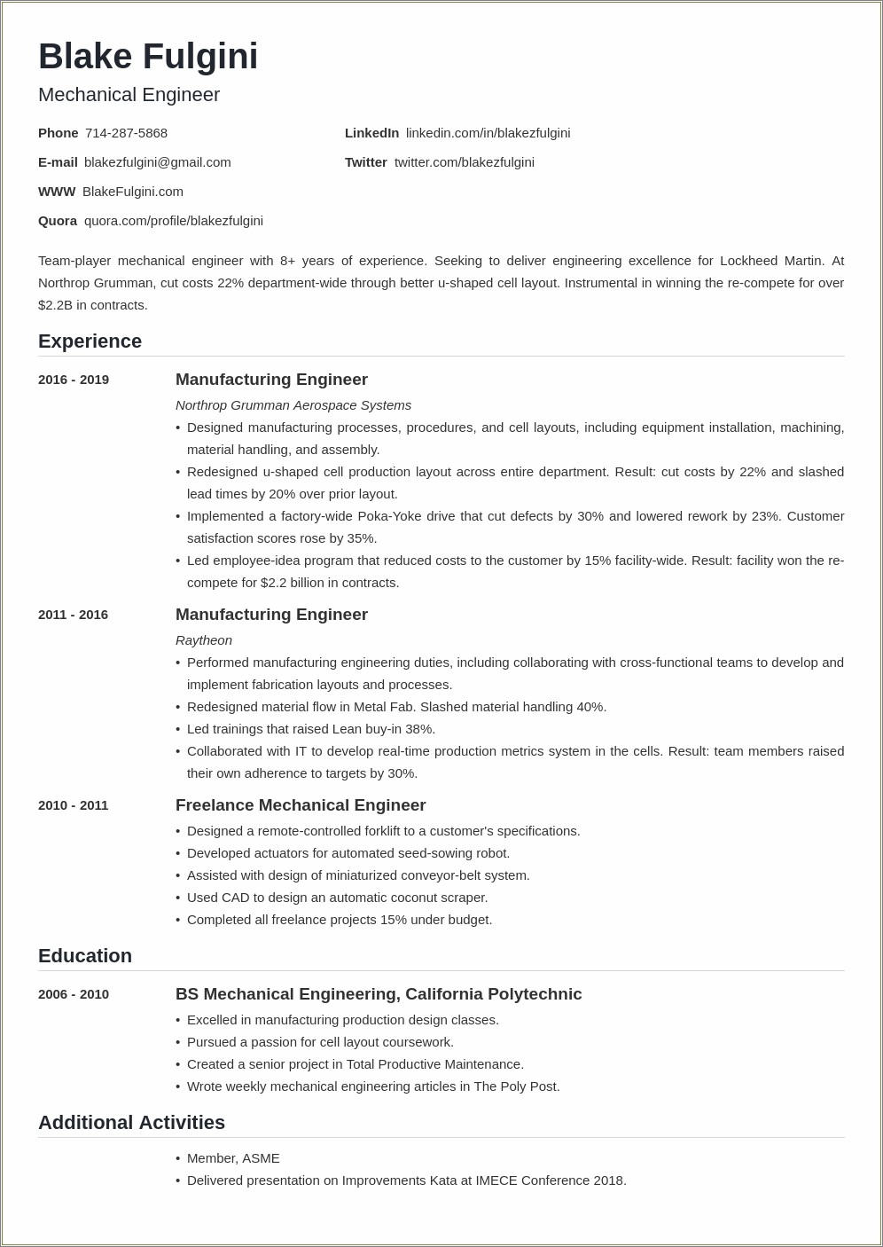 Resume Format For Mechanical Engineering Job