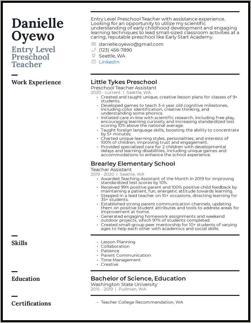 Resume Format For Nursery School Teacher In India