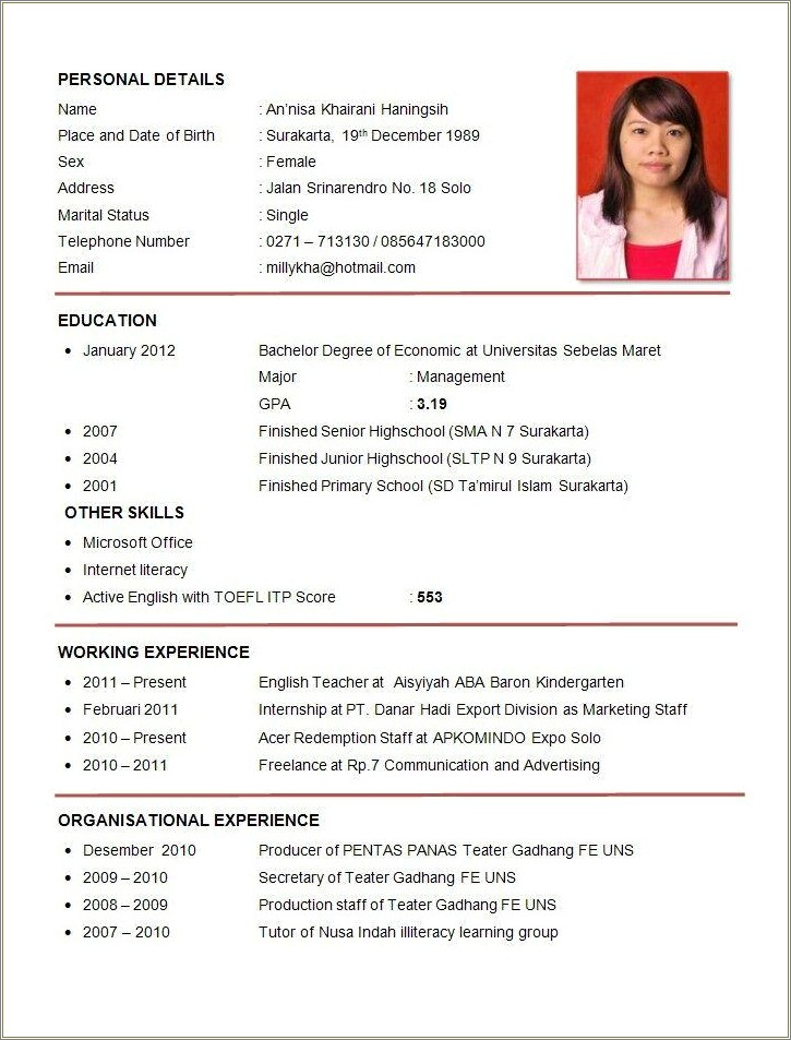 Resume Format For Online Teaching Job