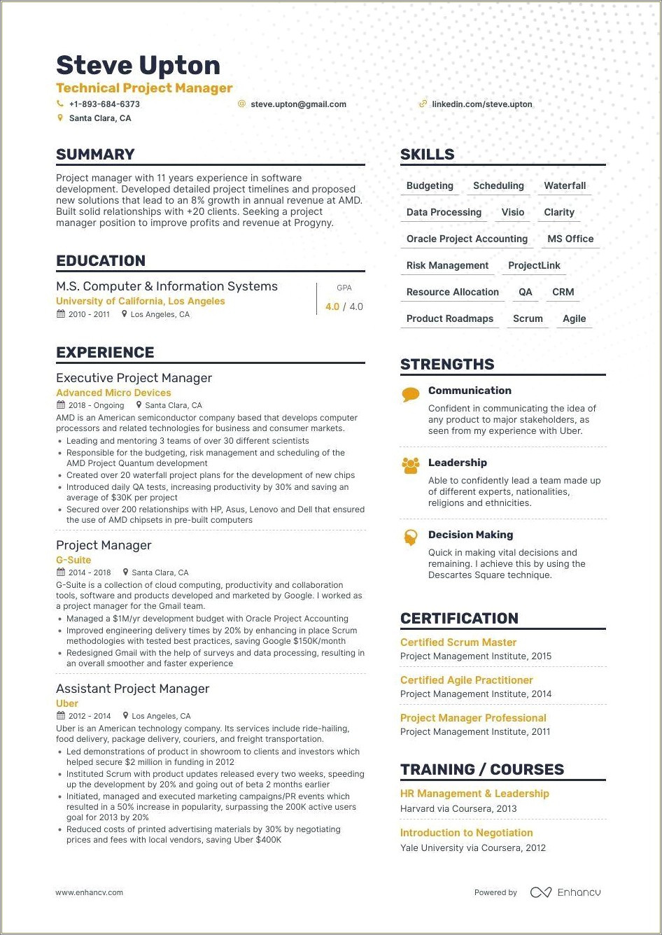 Resume Format For Project Manager