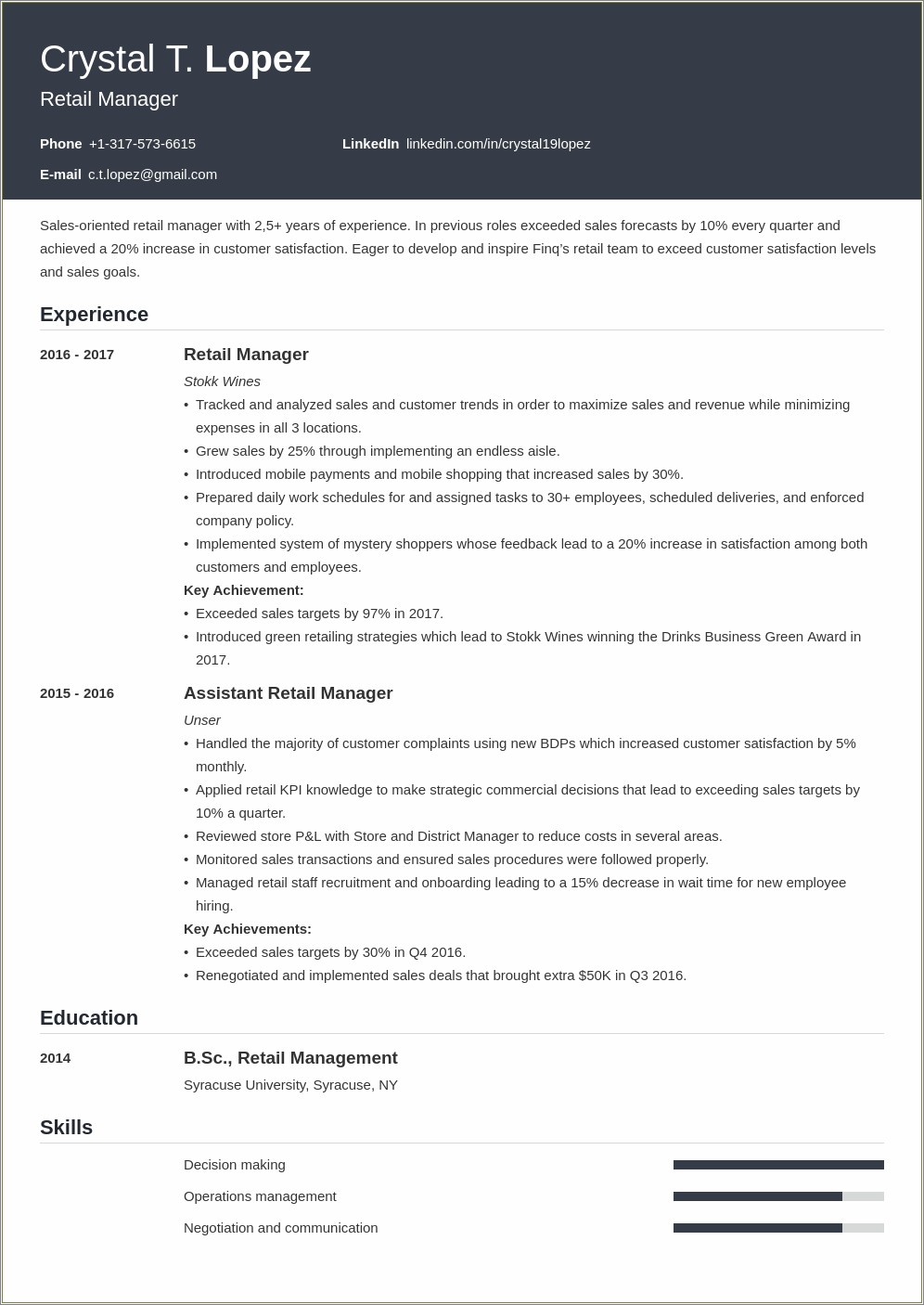 Resume Format For Retail Store Manager