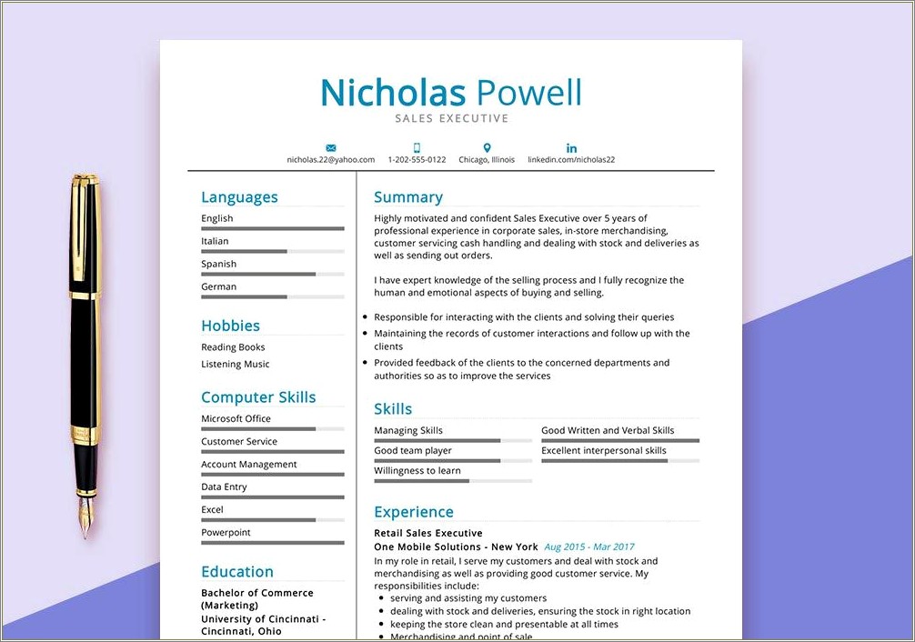 Resume Format For Sales Executive Free