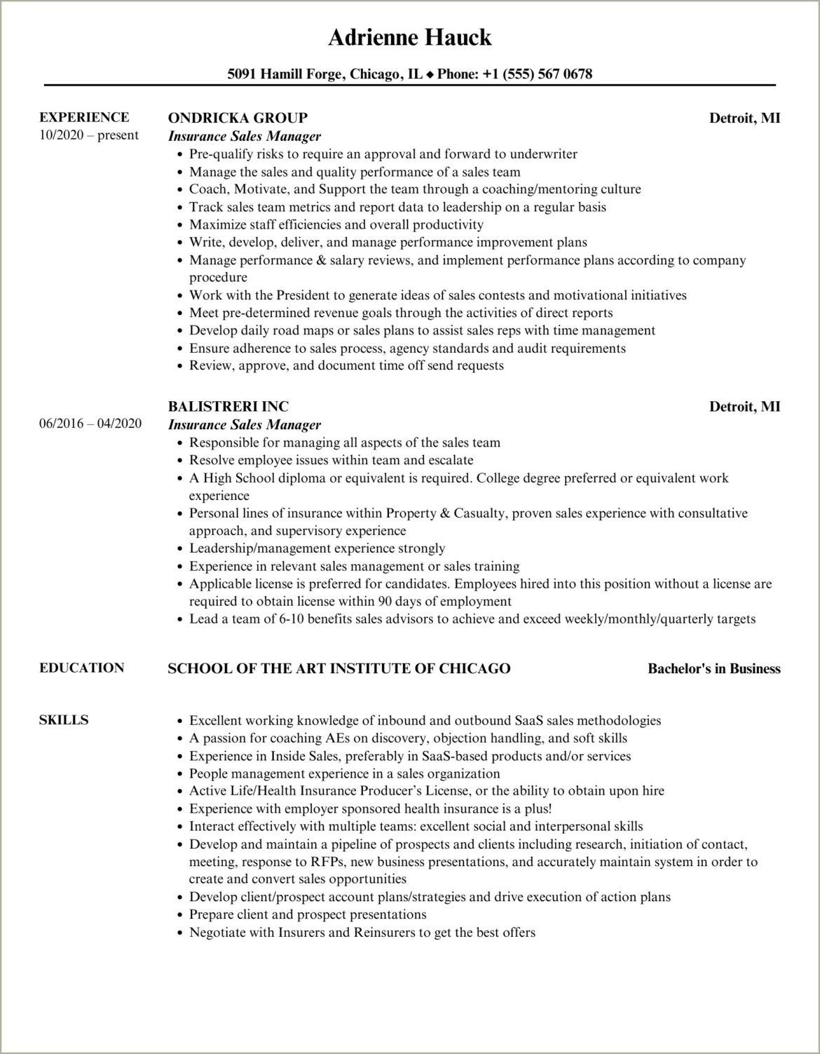 Resume Format For Sales Manager In Insurance