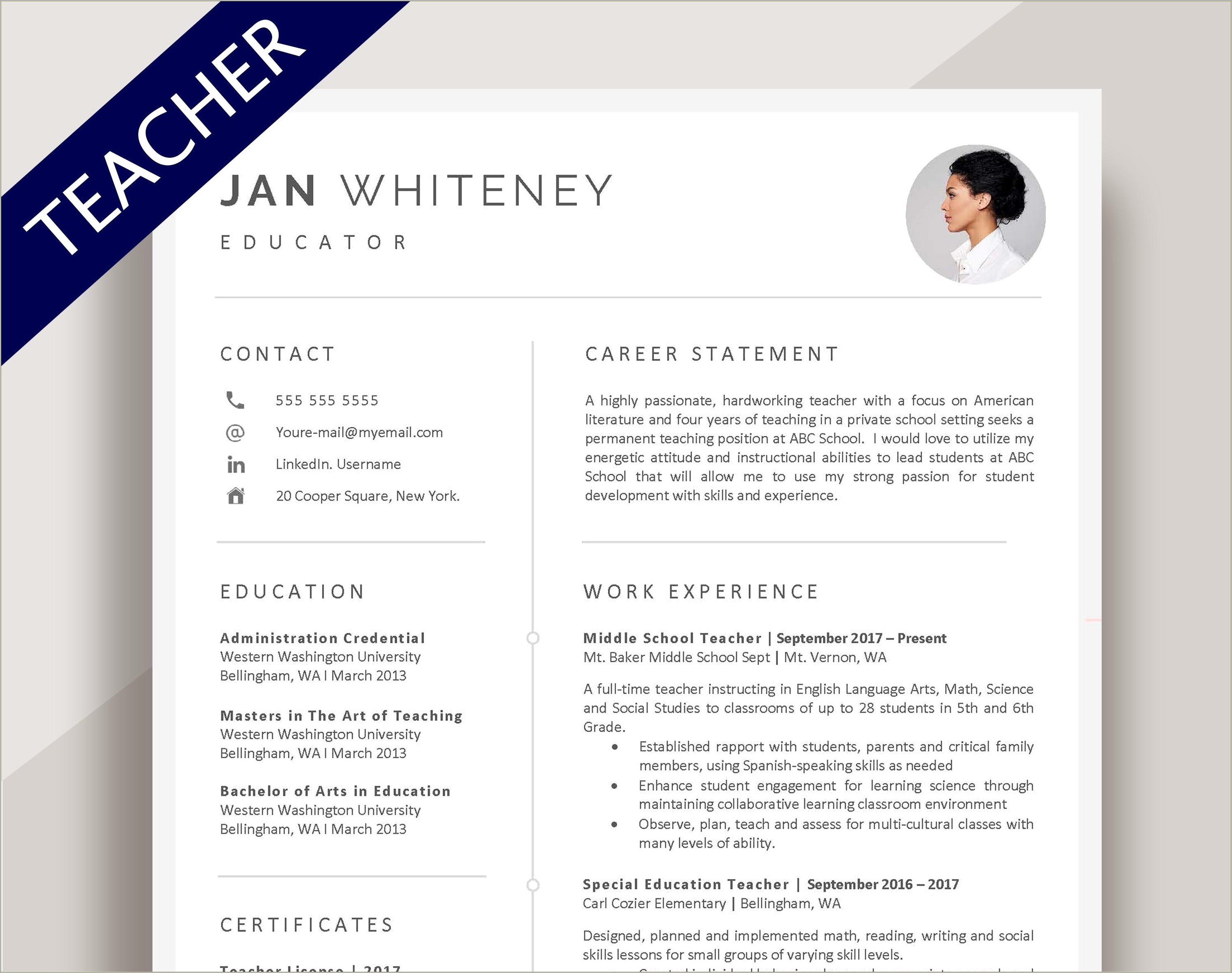 Resume Format For School Teacher In India