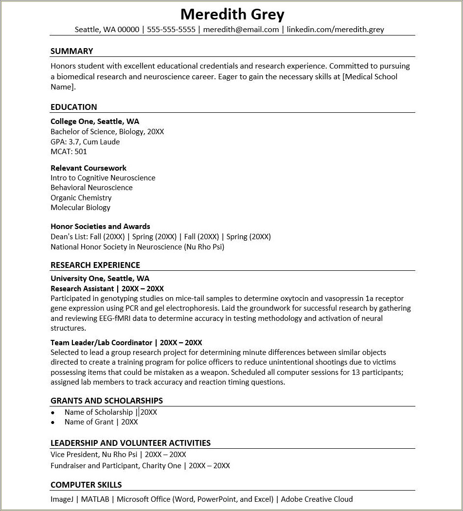 Resume Format For Students Applyin For Medical School