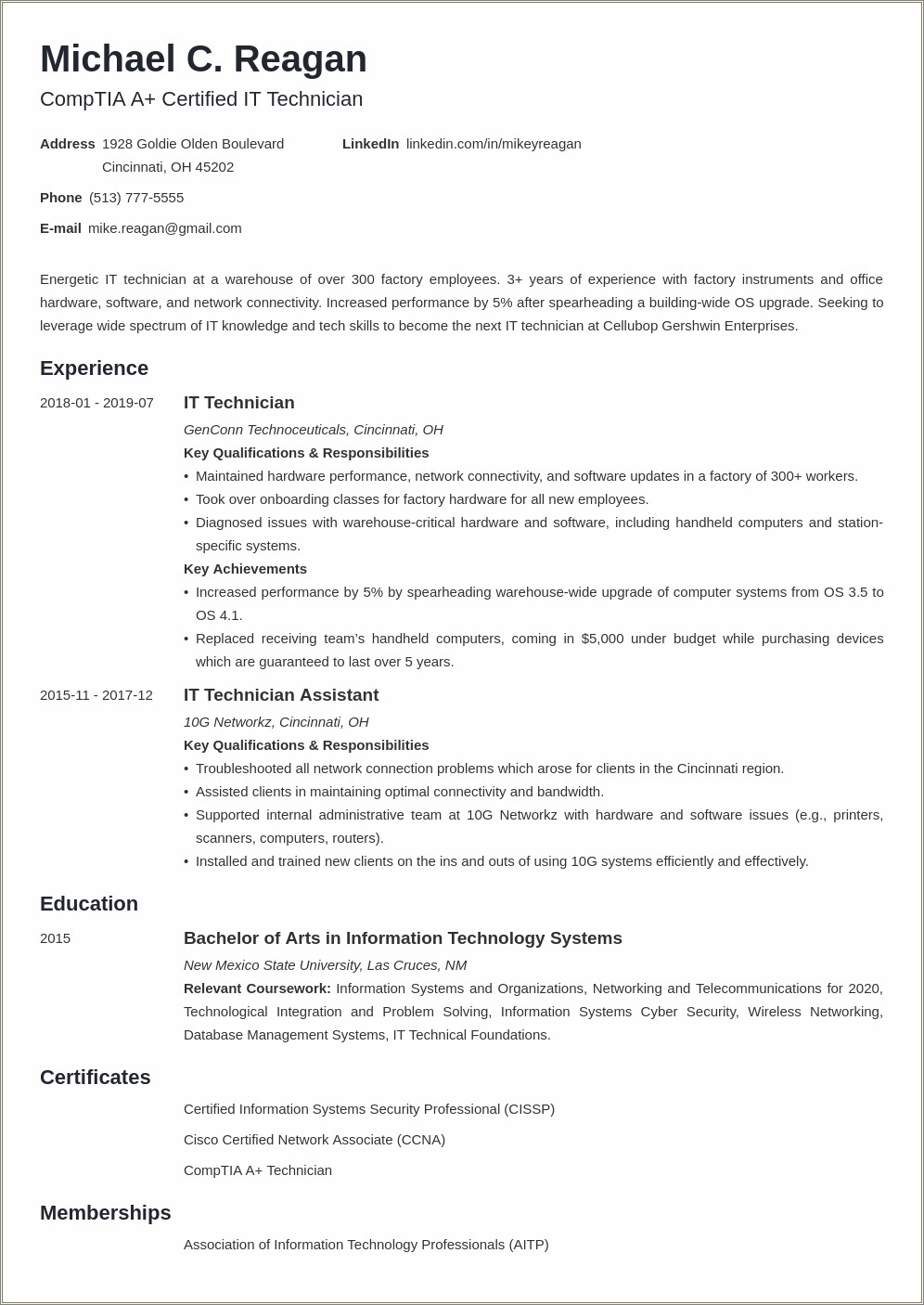 Resume Format For Telecommunication Technician Experience