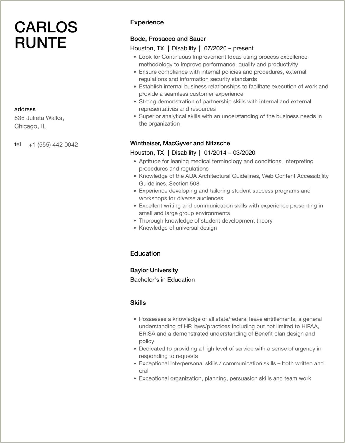 Resume Format For Working With Mentally Disabled Adults