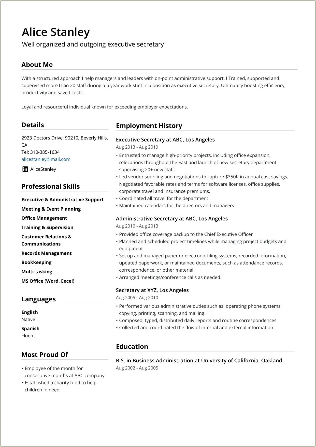Resume Format In Word For Admin Executive