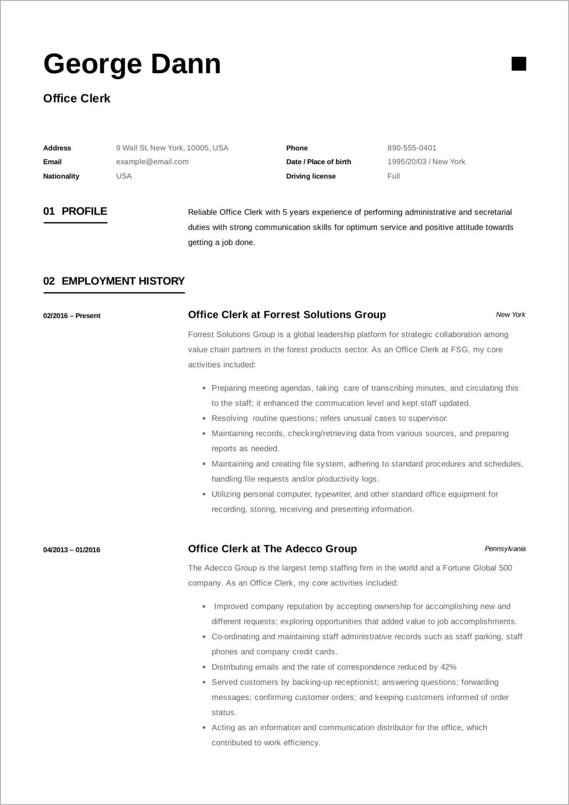 Resume Format Medical Clerical Free Template