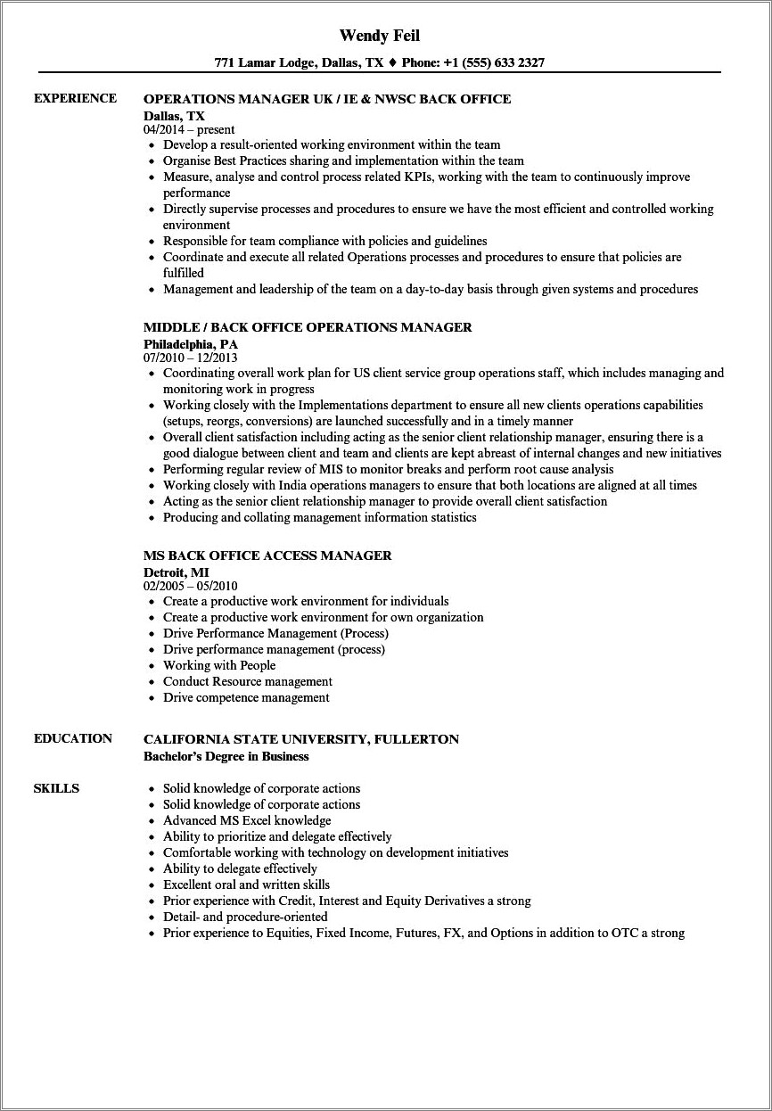 Resume Format Word For Back Office