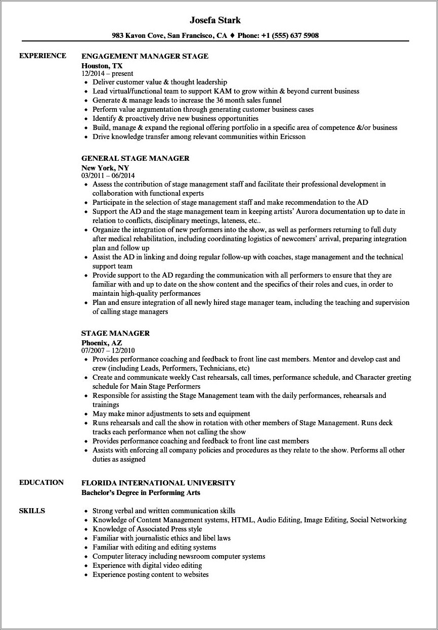 Resume Formats For Assistant Stage Manager