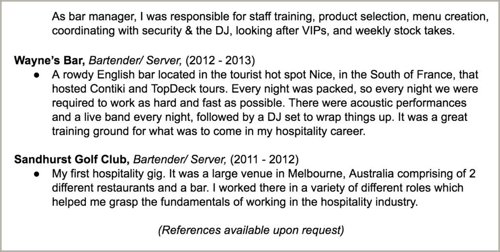 Resume From Working As A Barback