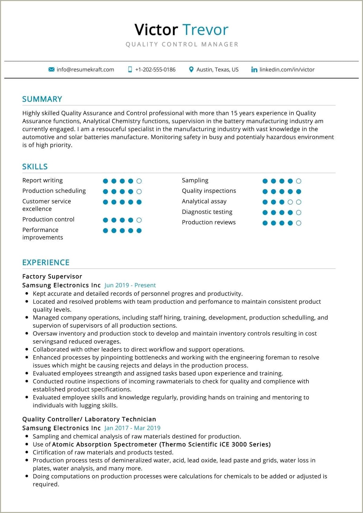 Resume From Working In A Chemical Factory