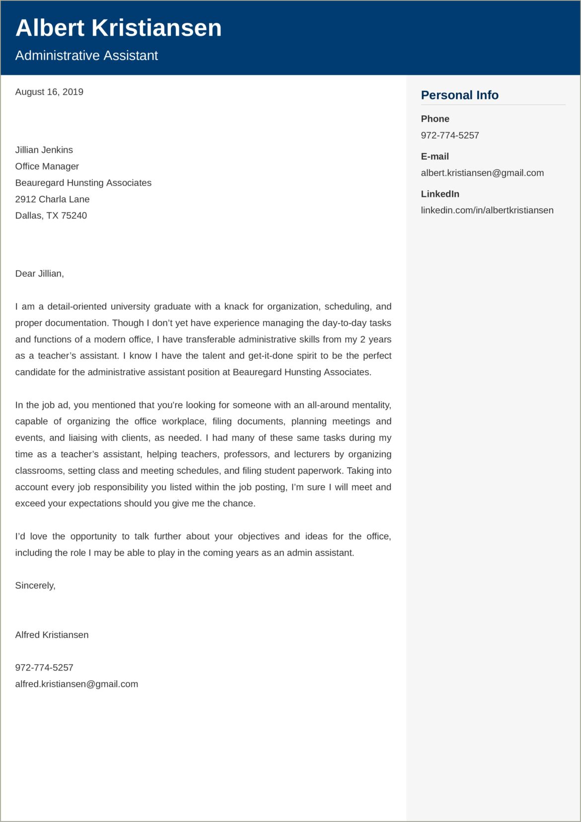 Resume Genius Administrative Assistant Cover Letter