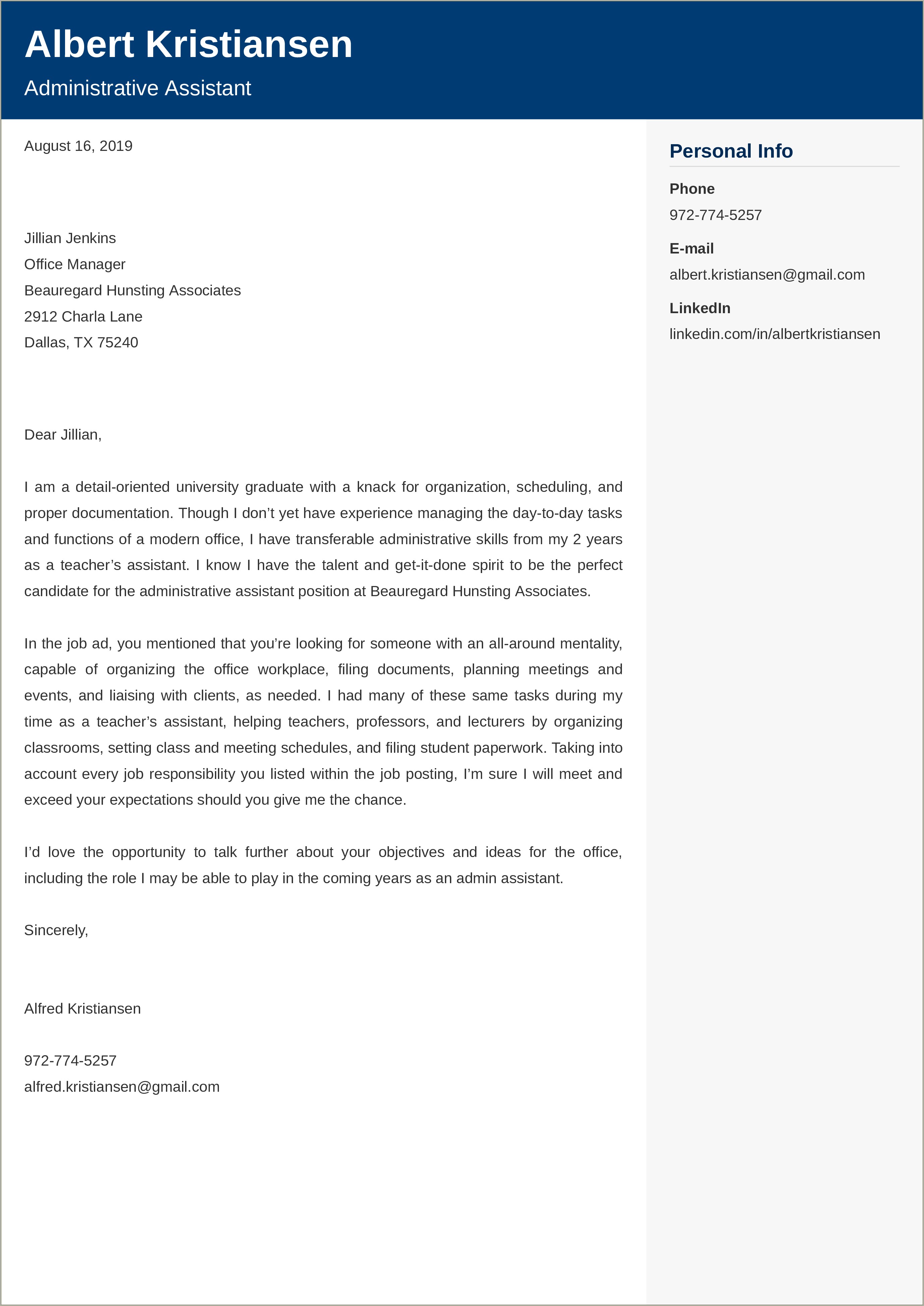 Resume Genius Administrative Assistant Cover Letter