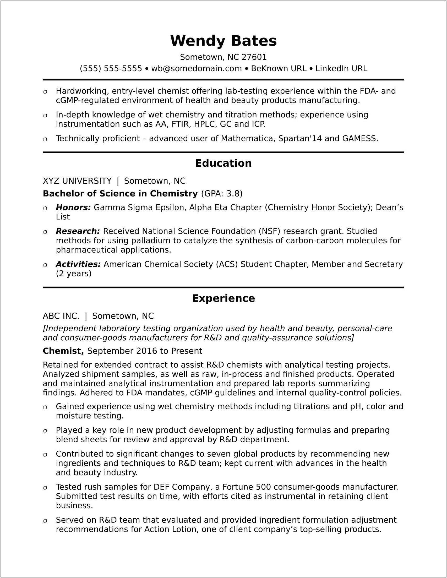 Resume Goals And Objectives Analytical Chemistry