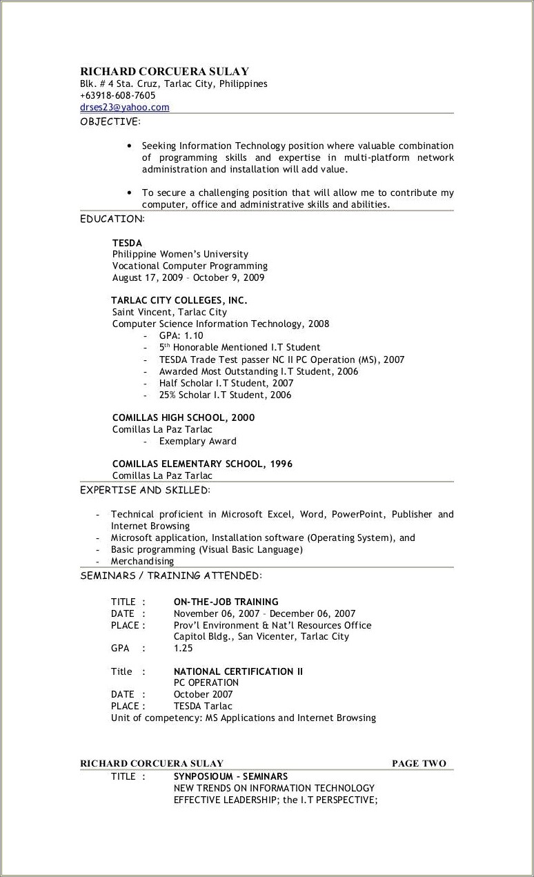 Resume Headliner Examples For Information Technology Student Student