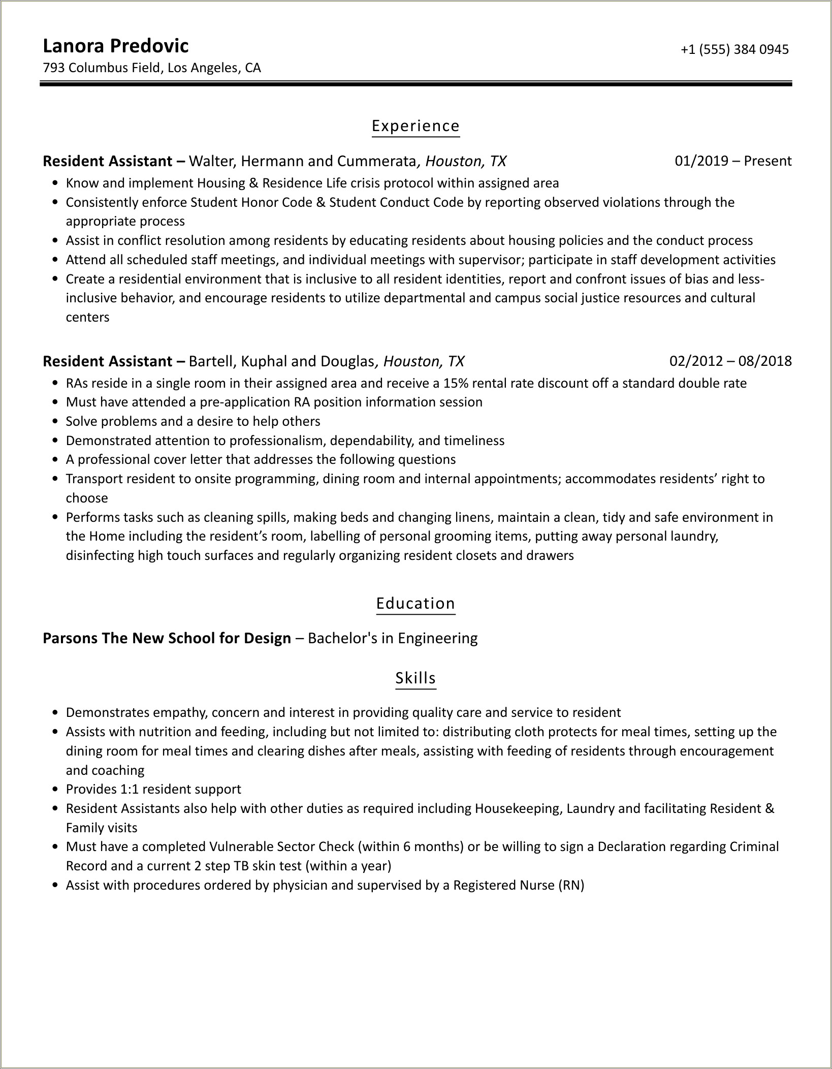 Resume Help With Job Description For Resident Assistant