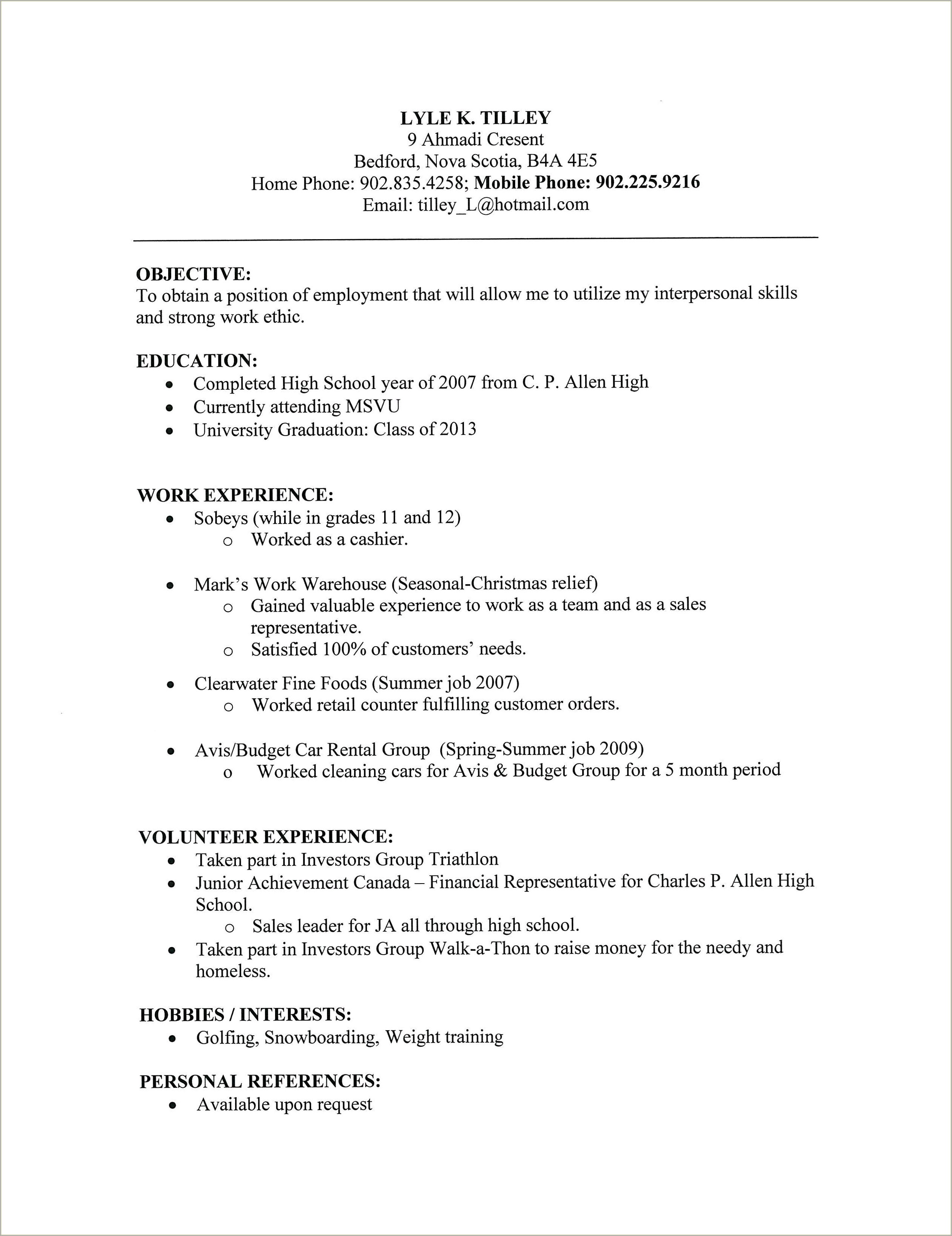 Resume High School Volunteer And Leadership