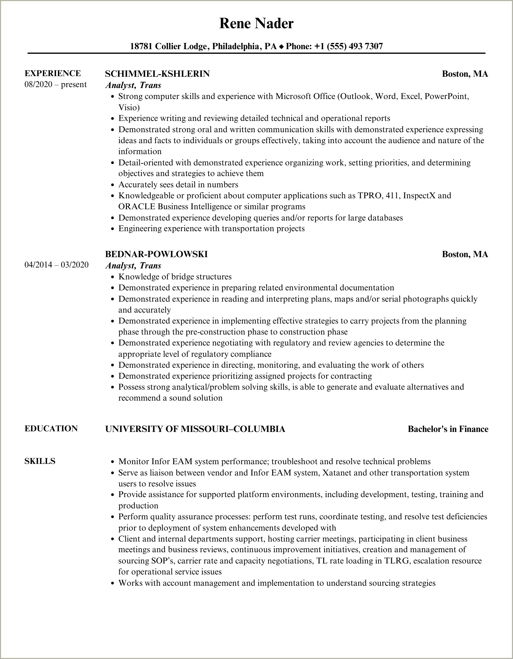 Resume Higlight Examples For A Transa