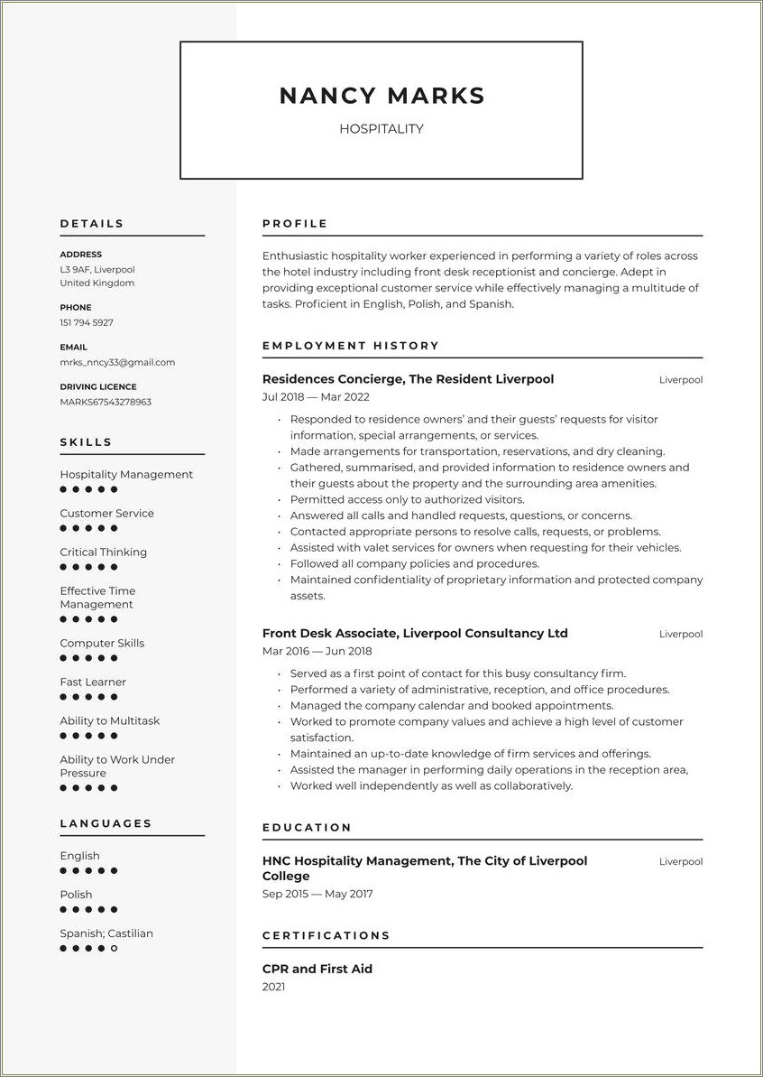 Resume Hotel Uk Example Up Seeling