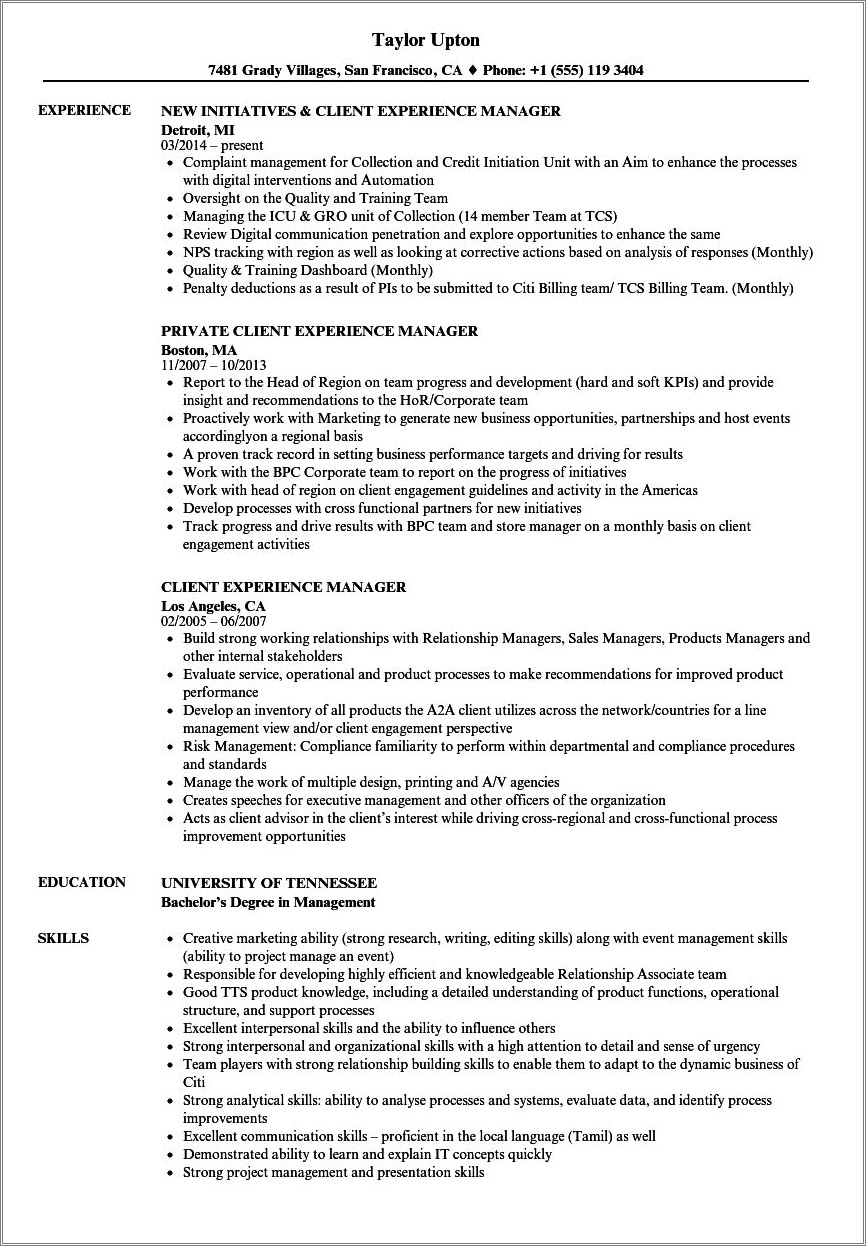 Resume Ideas For Customer Experience Manager