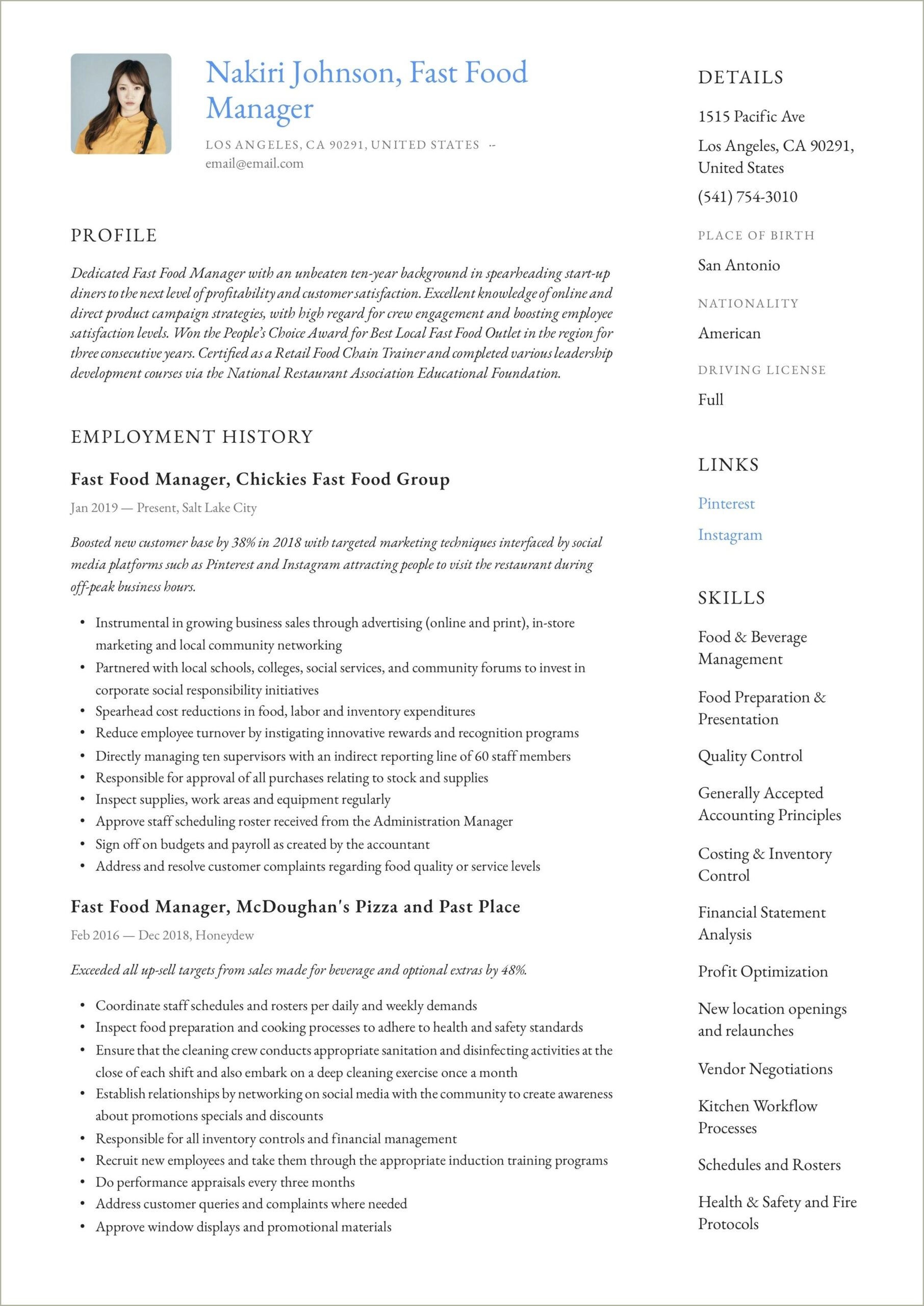 Resume Job Desciption For Fast Food Cook