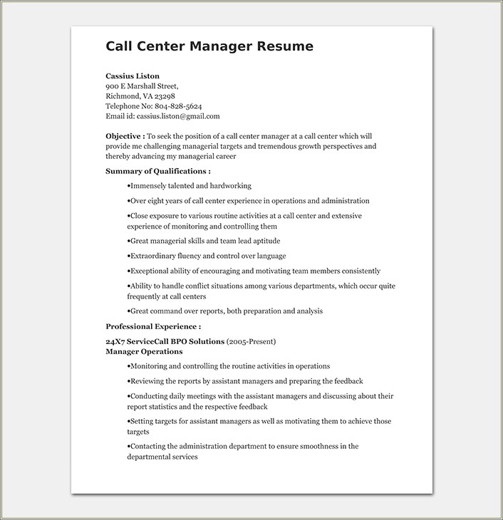 Resume Job Description For Call Center