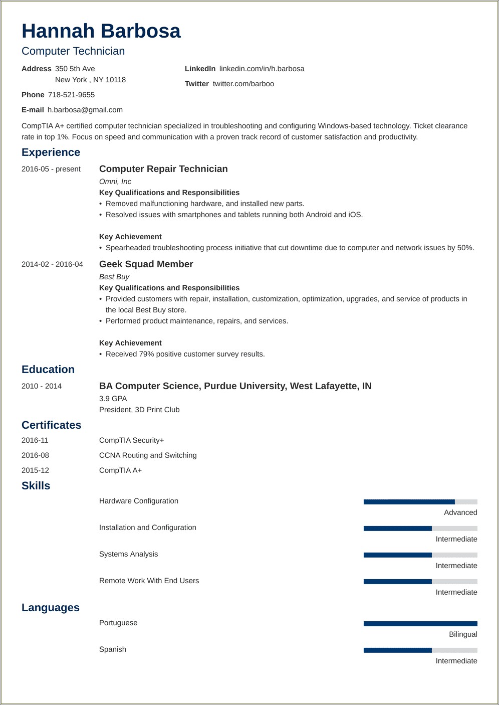 Resume Job Description For Computer Repair
