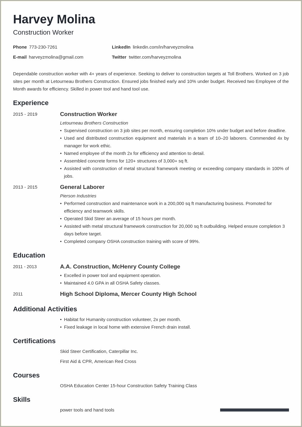 Resume Job Description For Construction Laborer