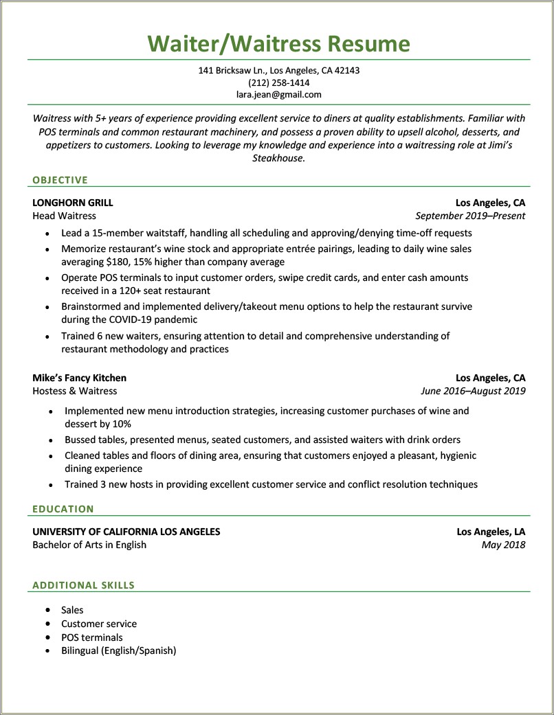 Resume Job Description For Hotel Server