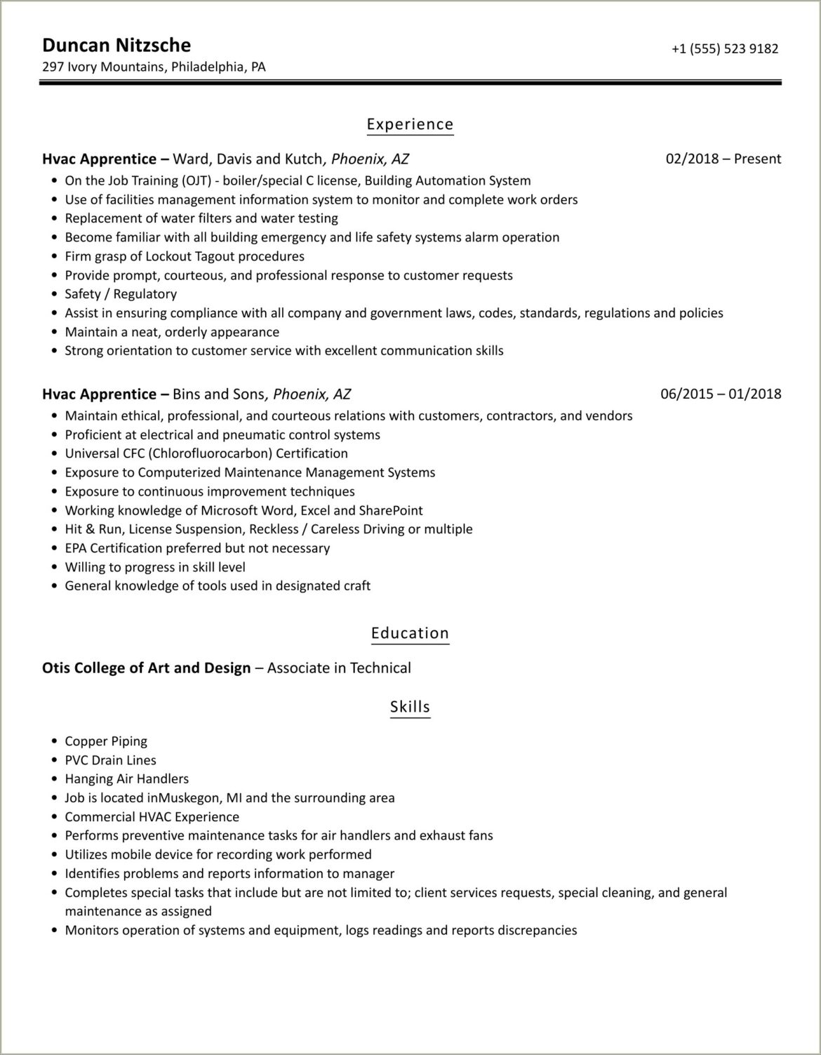 Resume Job Description For Hvac Apprentice