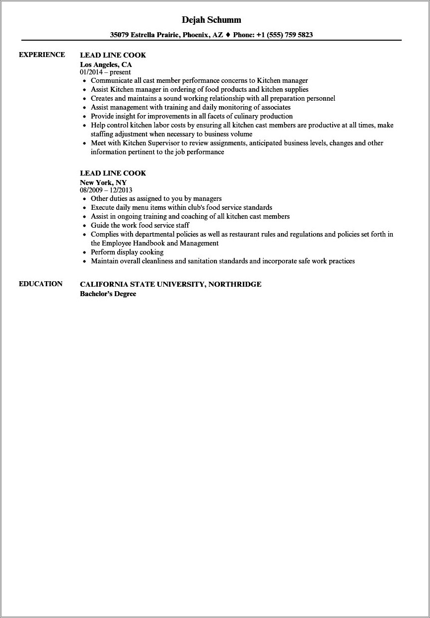 Resume Job Description For Line Cook