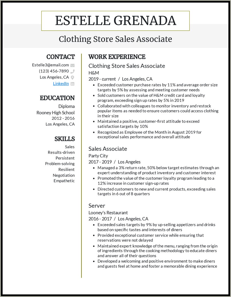 Resume Job Description For Retail Associate