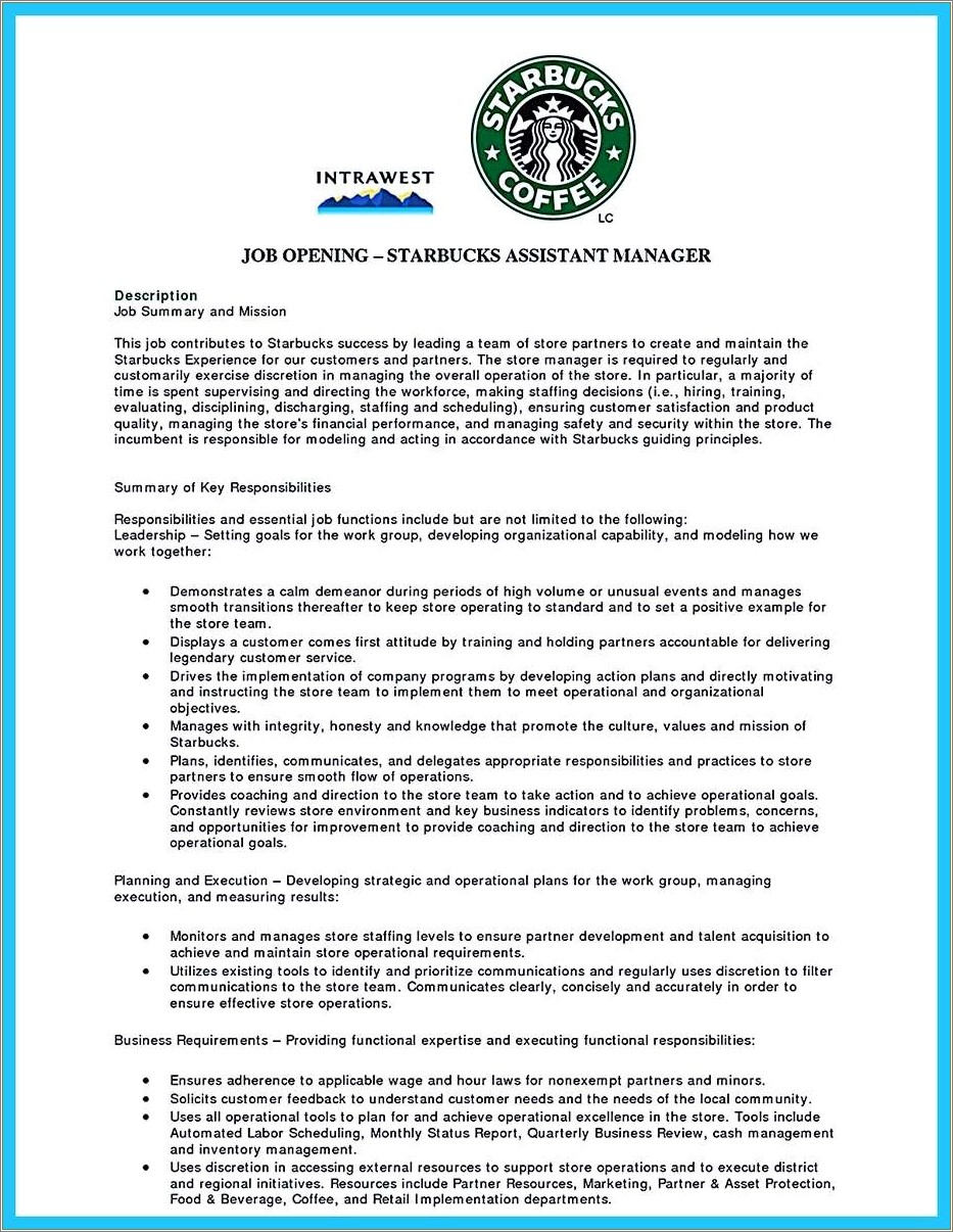 Resume Job Description For Starbucks Barista