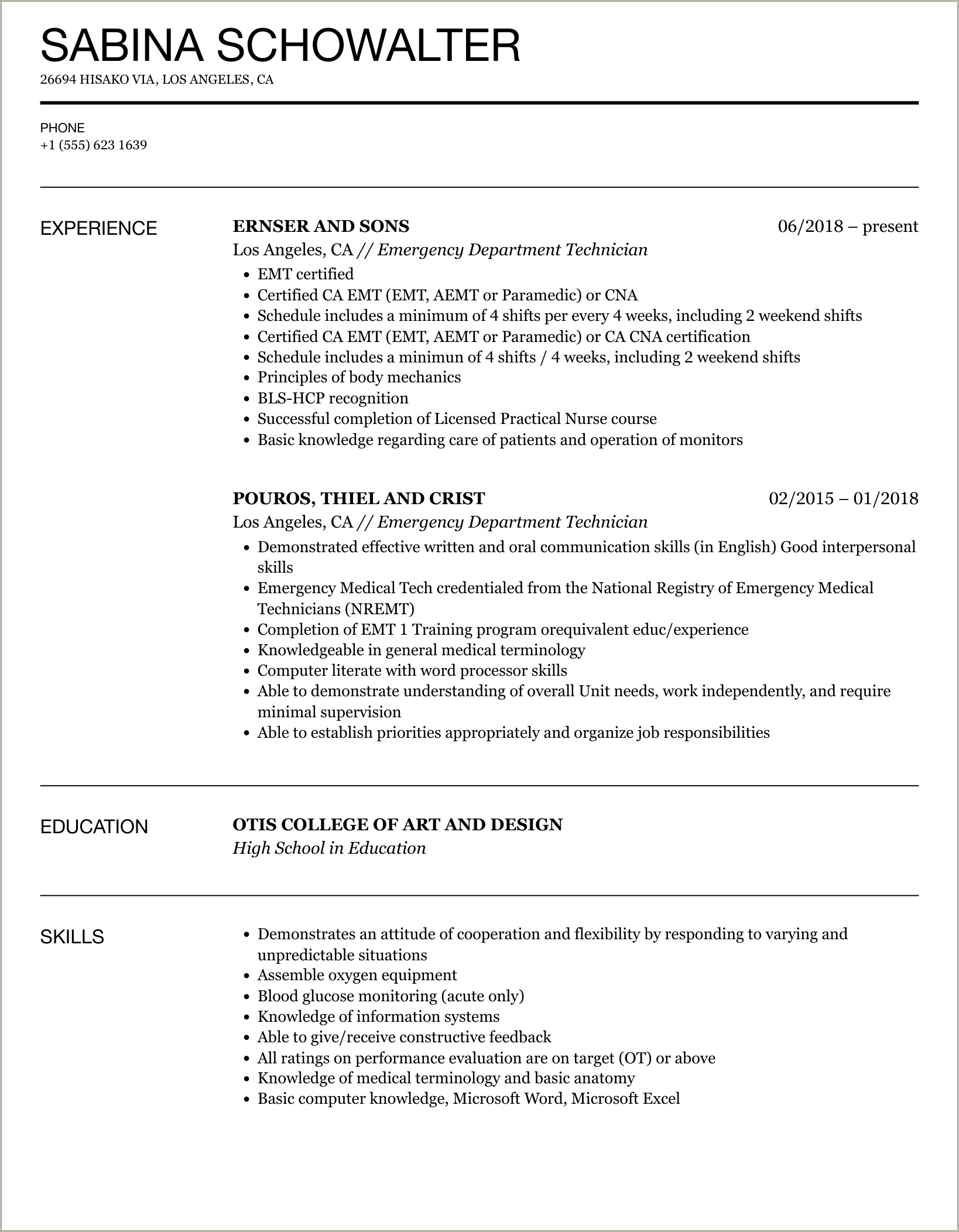 Resume Job Description For Trauma Technician