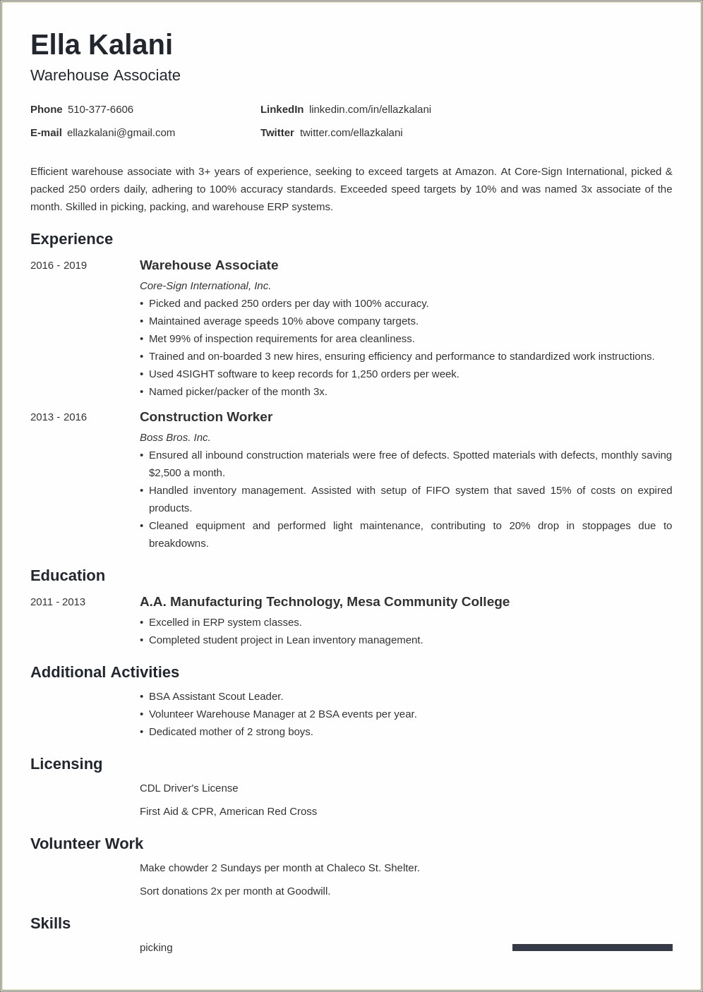 Resume Job Description For Warehouse Worker