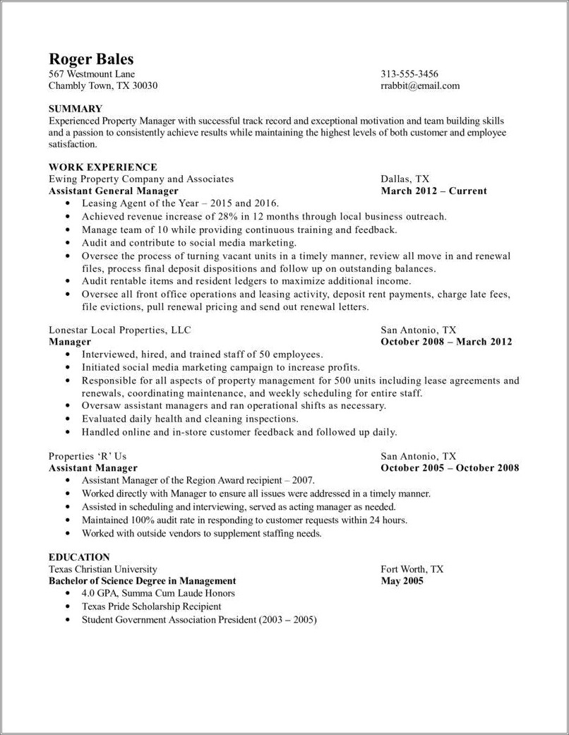 Resume Job Description Leasing Manager Property Manament