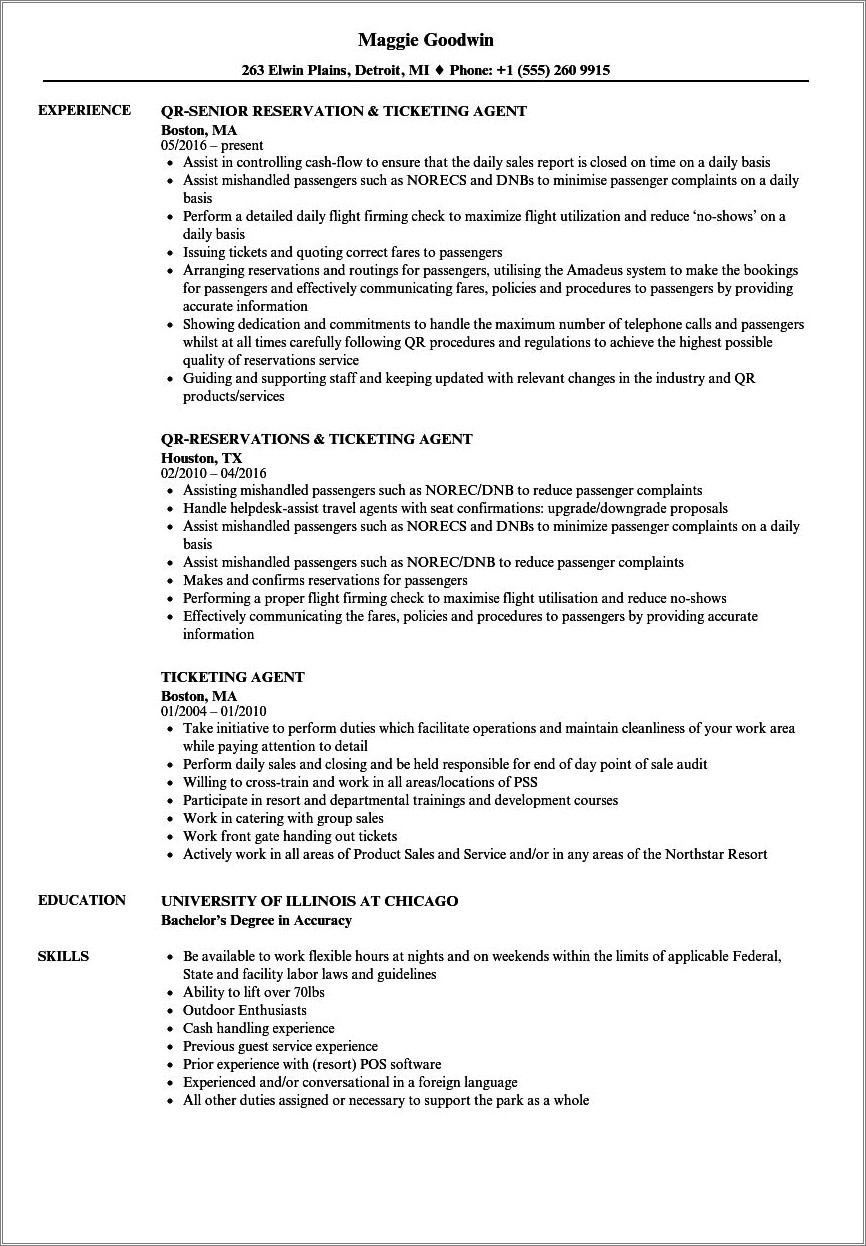 Resume Job Descriptions For Customer Service Airline Agent