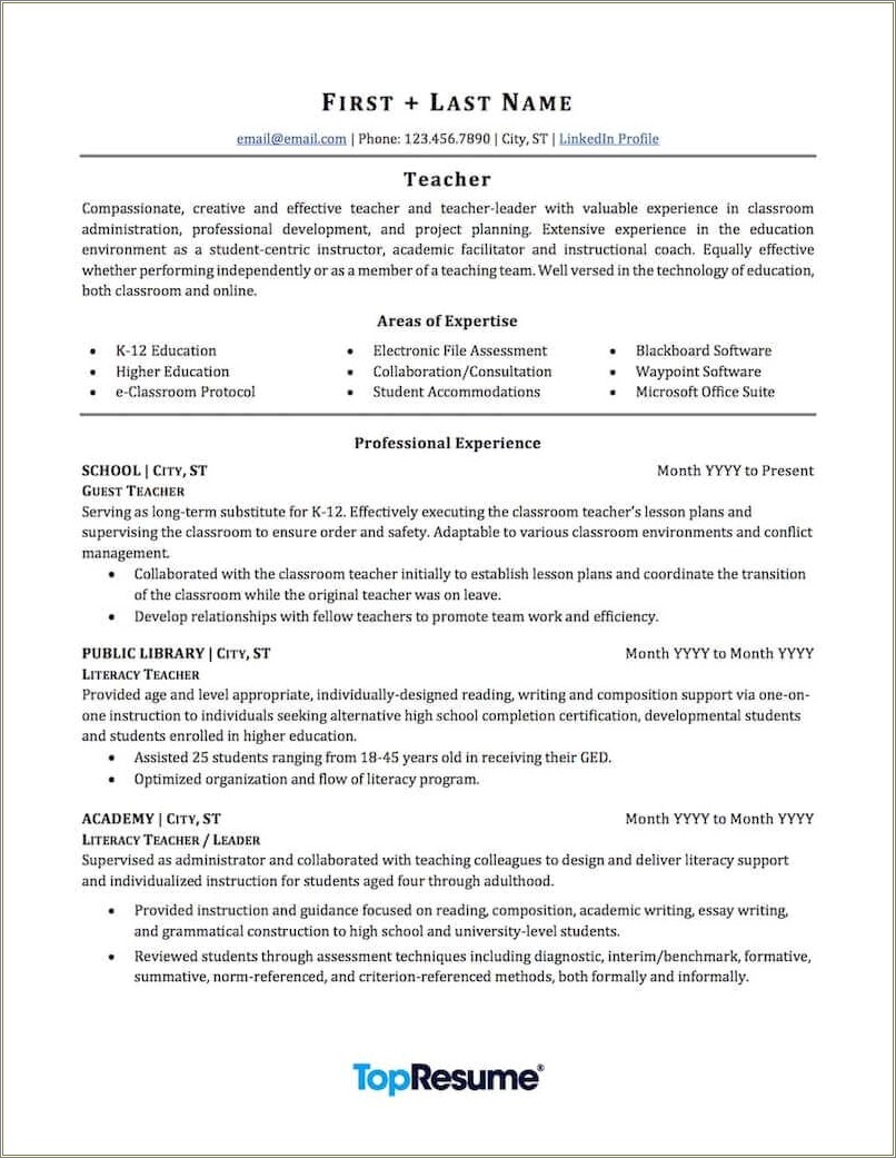 Resume Job Duties For A Teacher