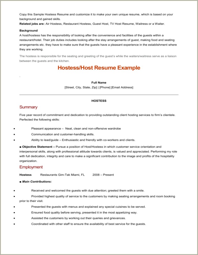 Resume Job Experience Descriptions Food Server