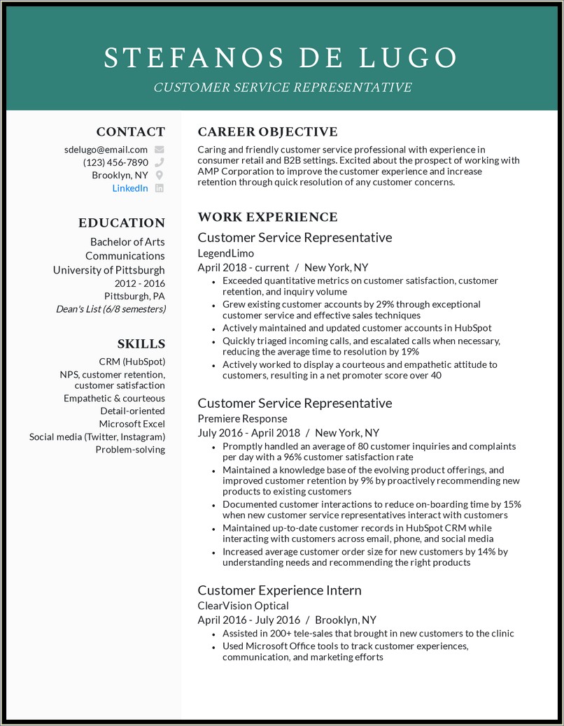 Resume Job Objective For Customer Service