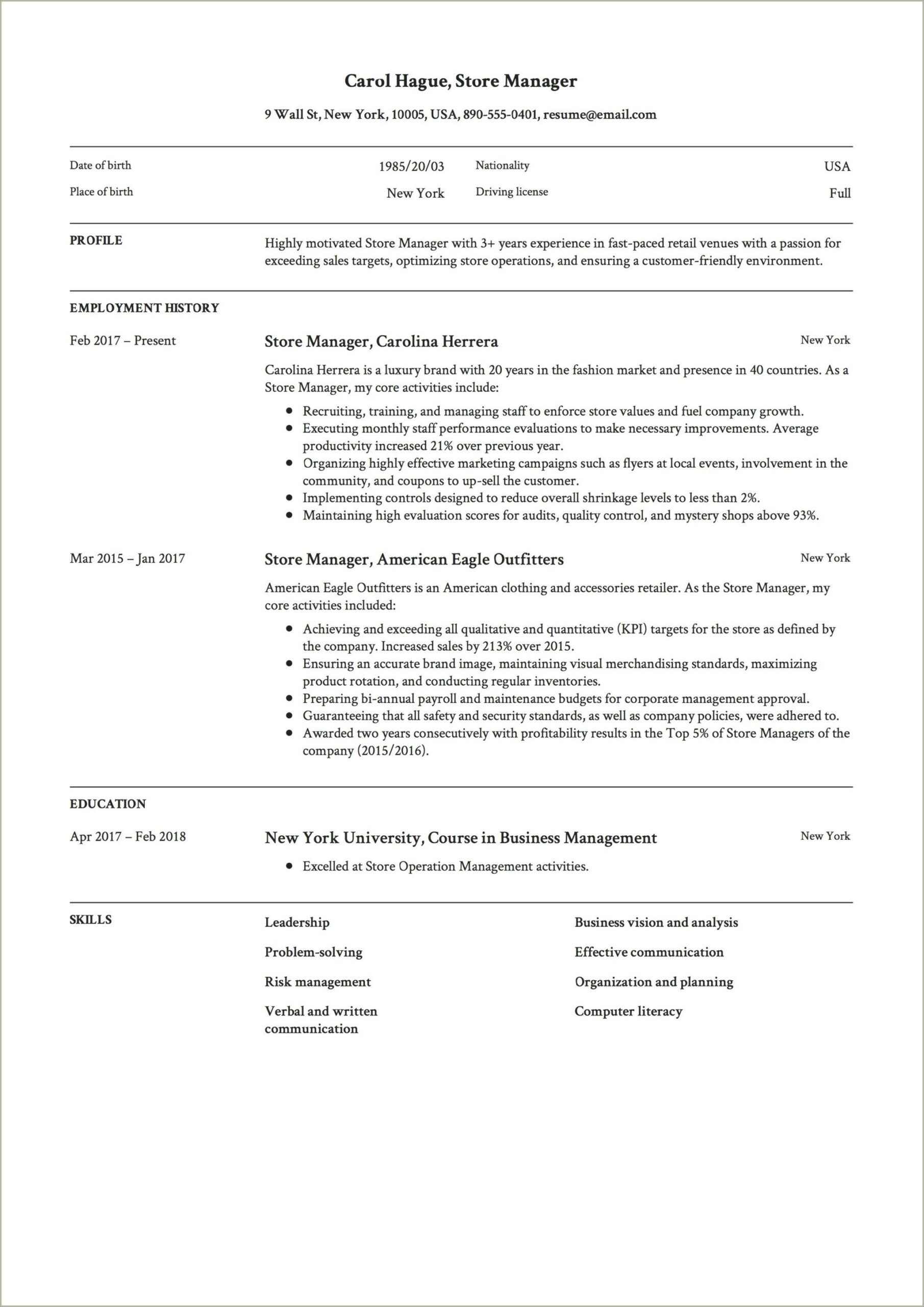 Resume Job Objective For Retail Manager