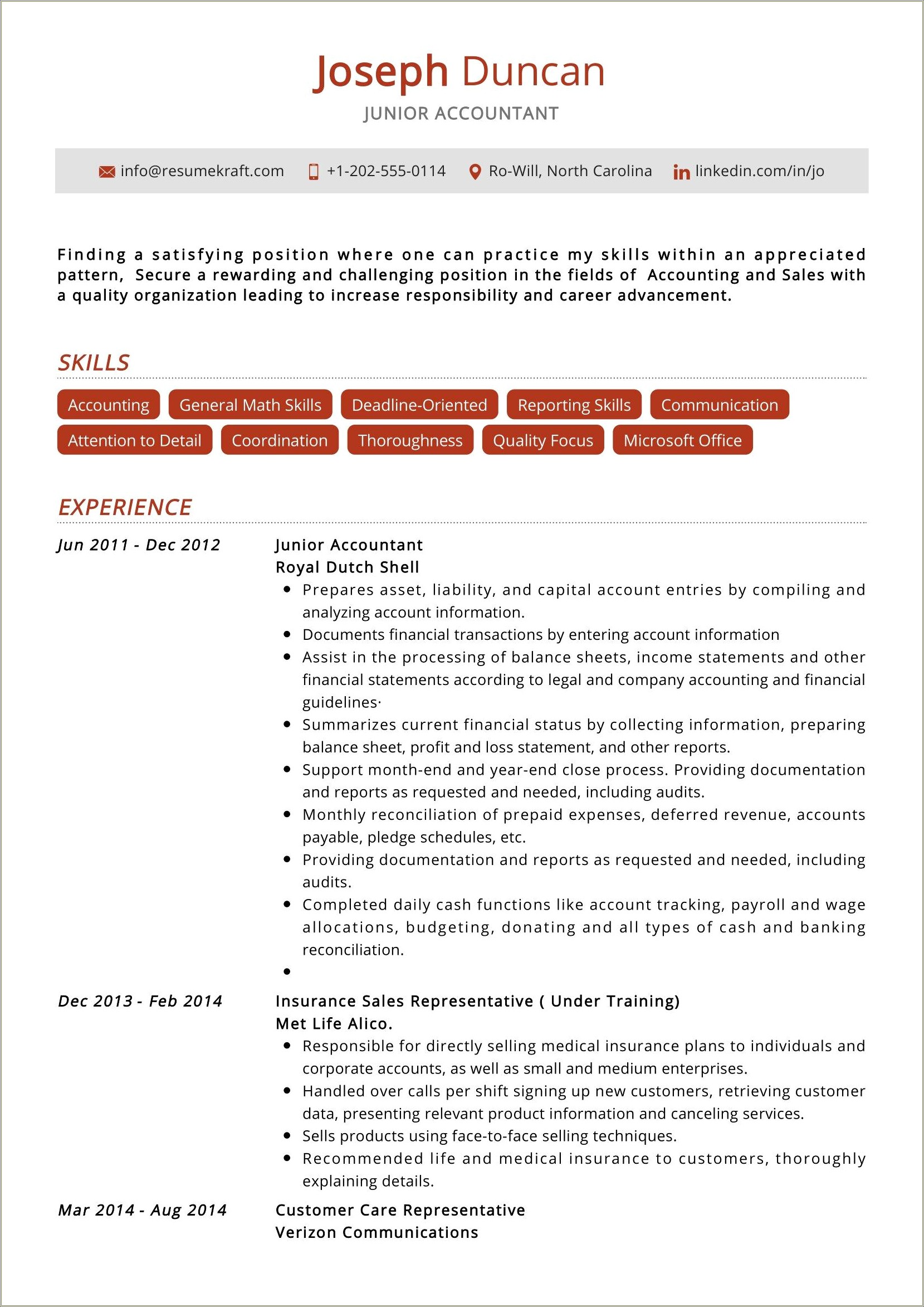 Resume Junior Account Executive In Canada Template