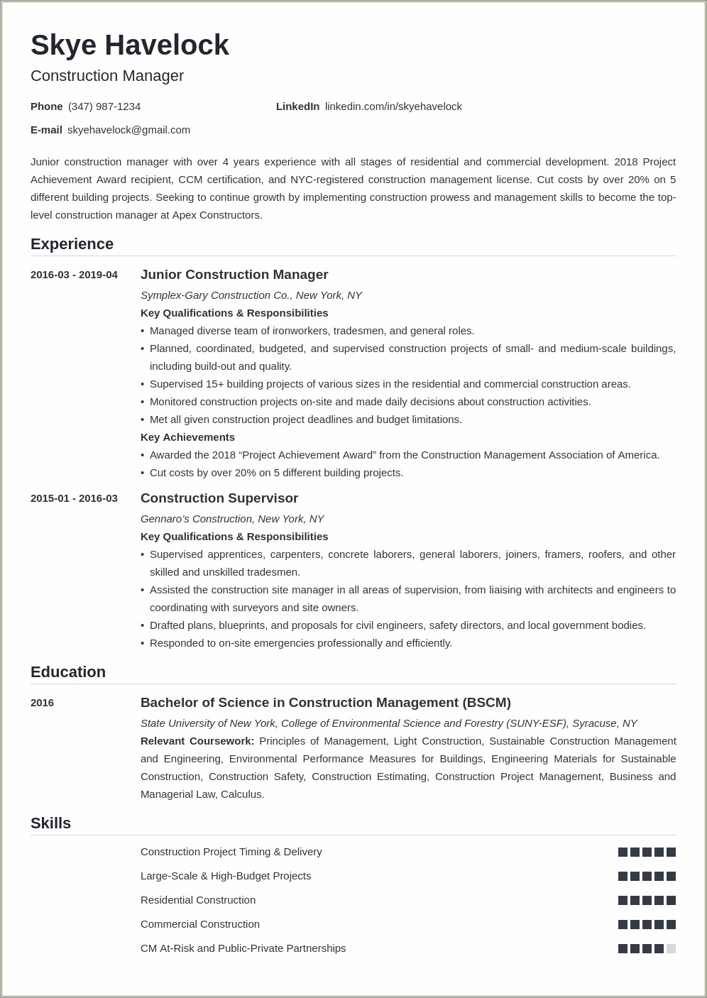 Resume Junior Supervisor At Construction Jobs