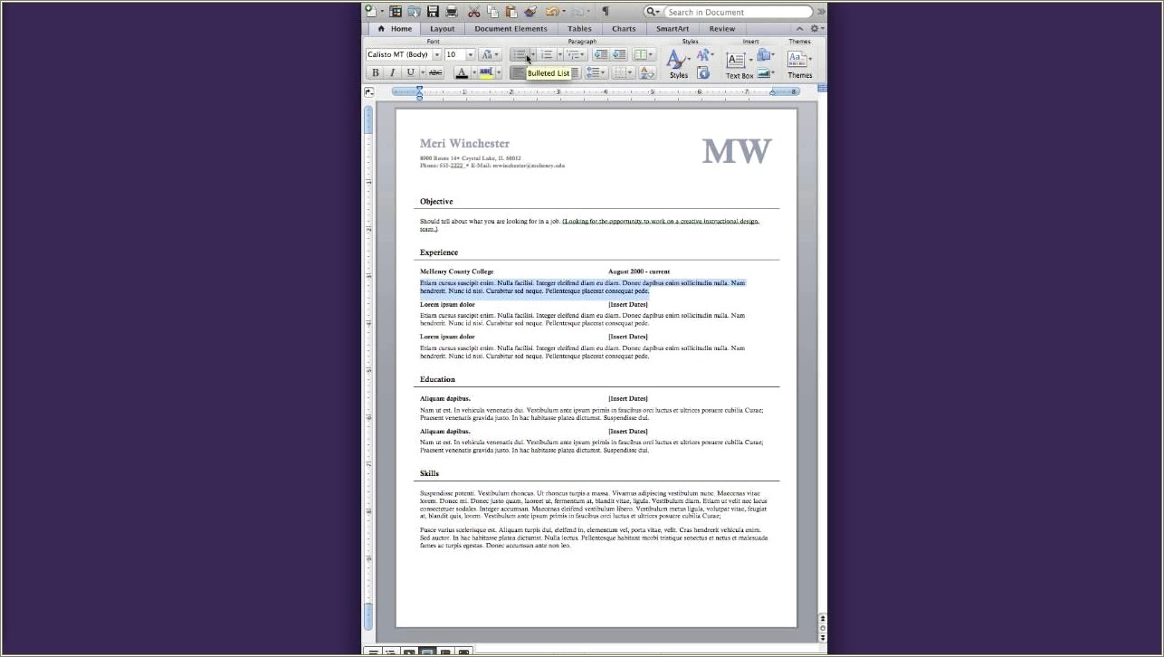 Resume Layout Of Microsoft Word 2011