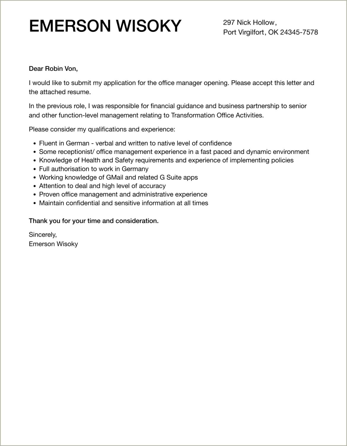 Resume Letter Sample For Office Manager