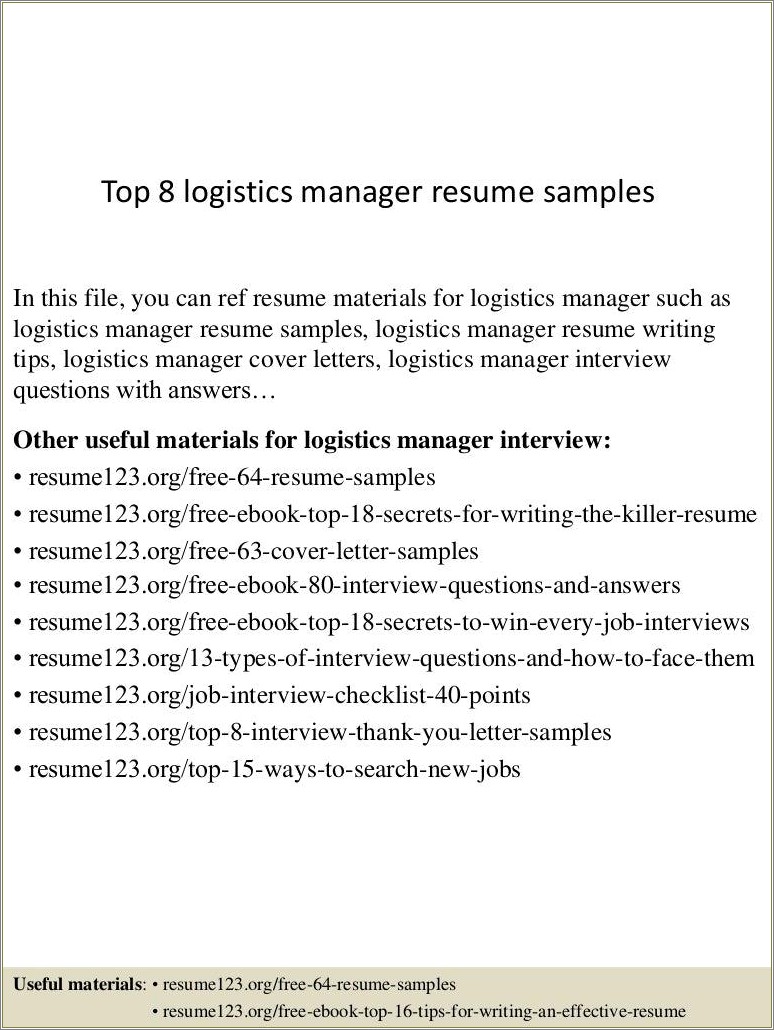 Resume Logistics Manager For Computer Parts Sample