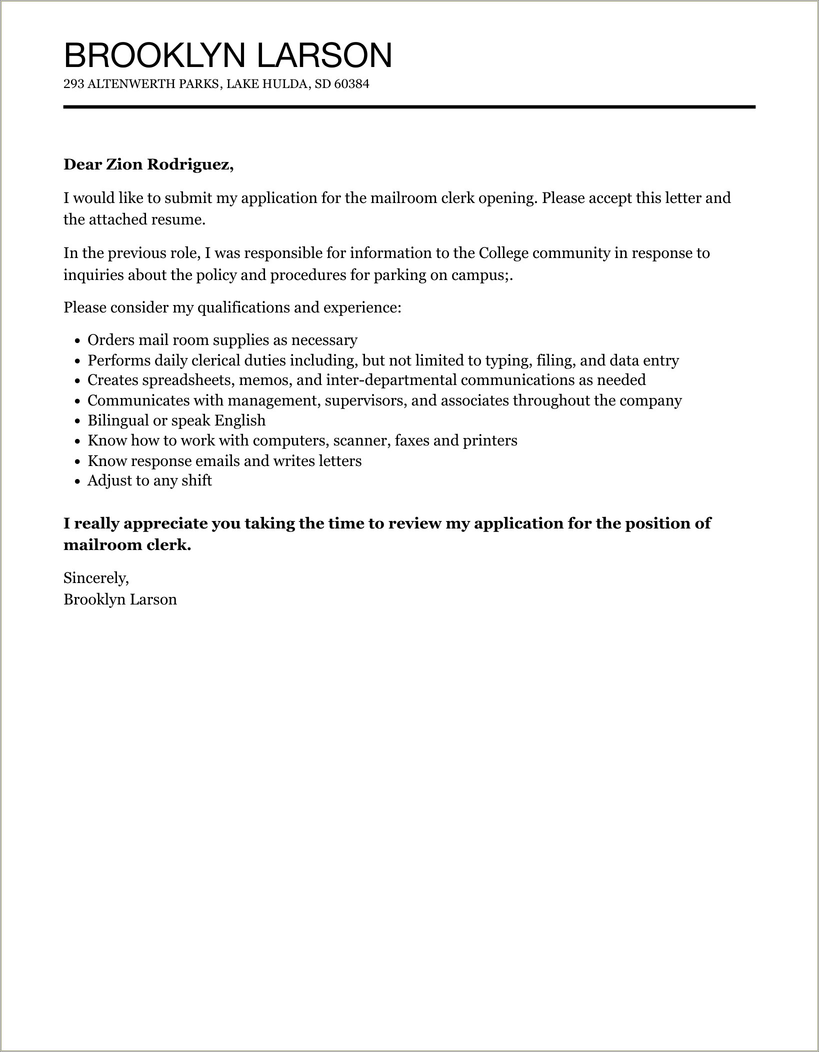 Resume Mail Room With Cover Letter